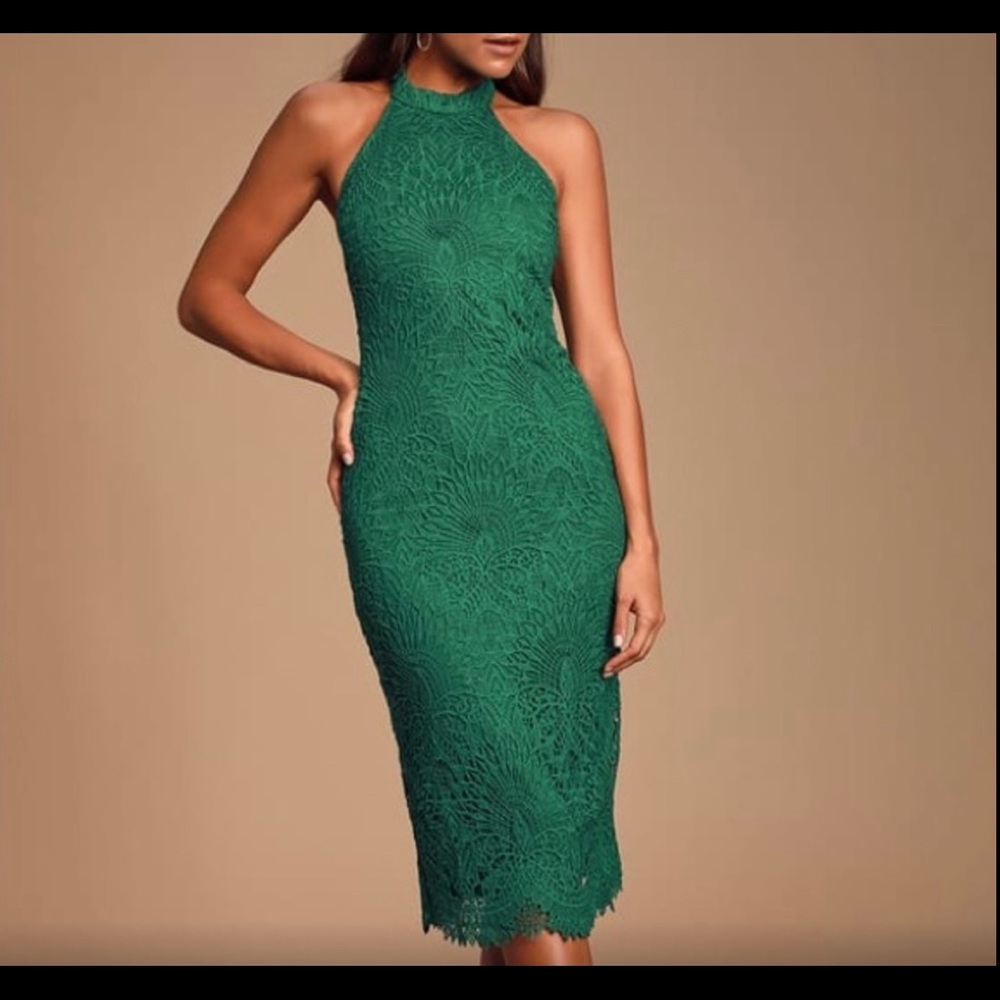 Lulus Lucky in Lace Emerald/Forest Green Lace Halter Midi Dress